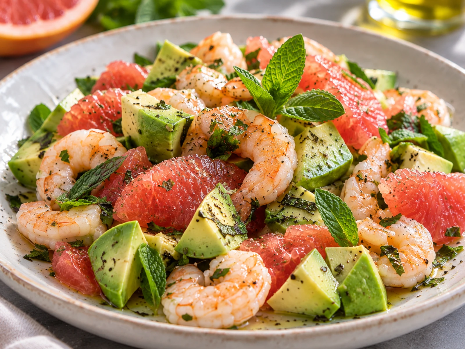 Insalata con Avocado e Gamberetti al Pompelmo Rosa