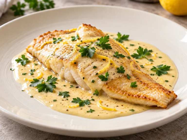 Filetto di sogliola al brandy dorato servito con salsa cremosa e limone