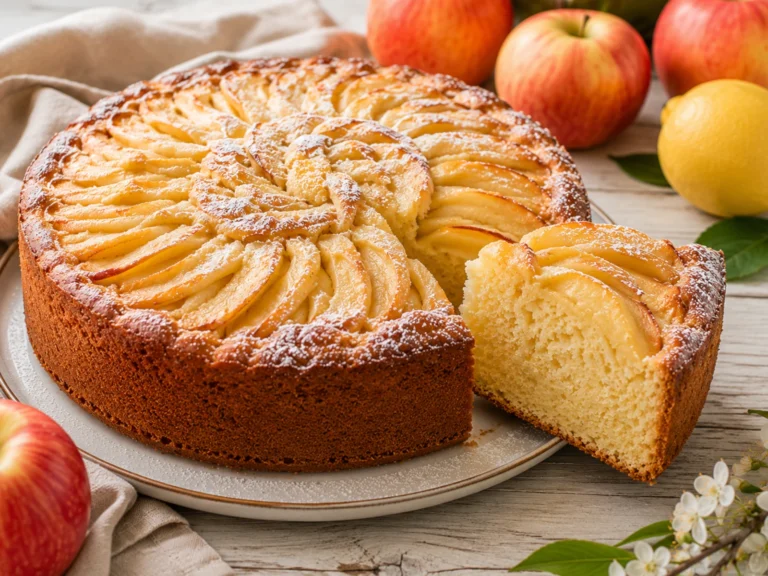 Torta di Mele Soffice della Nonna intera, alta e perfettamente dorata, con fettine di mela disposte in cerchi concentrici e una delicata spolverizzata di zucchero a velo