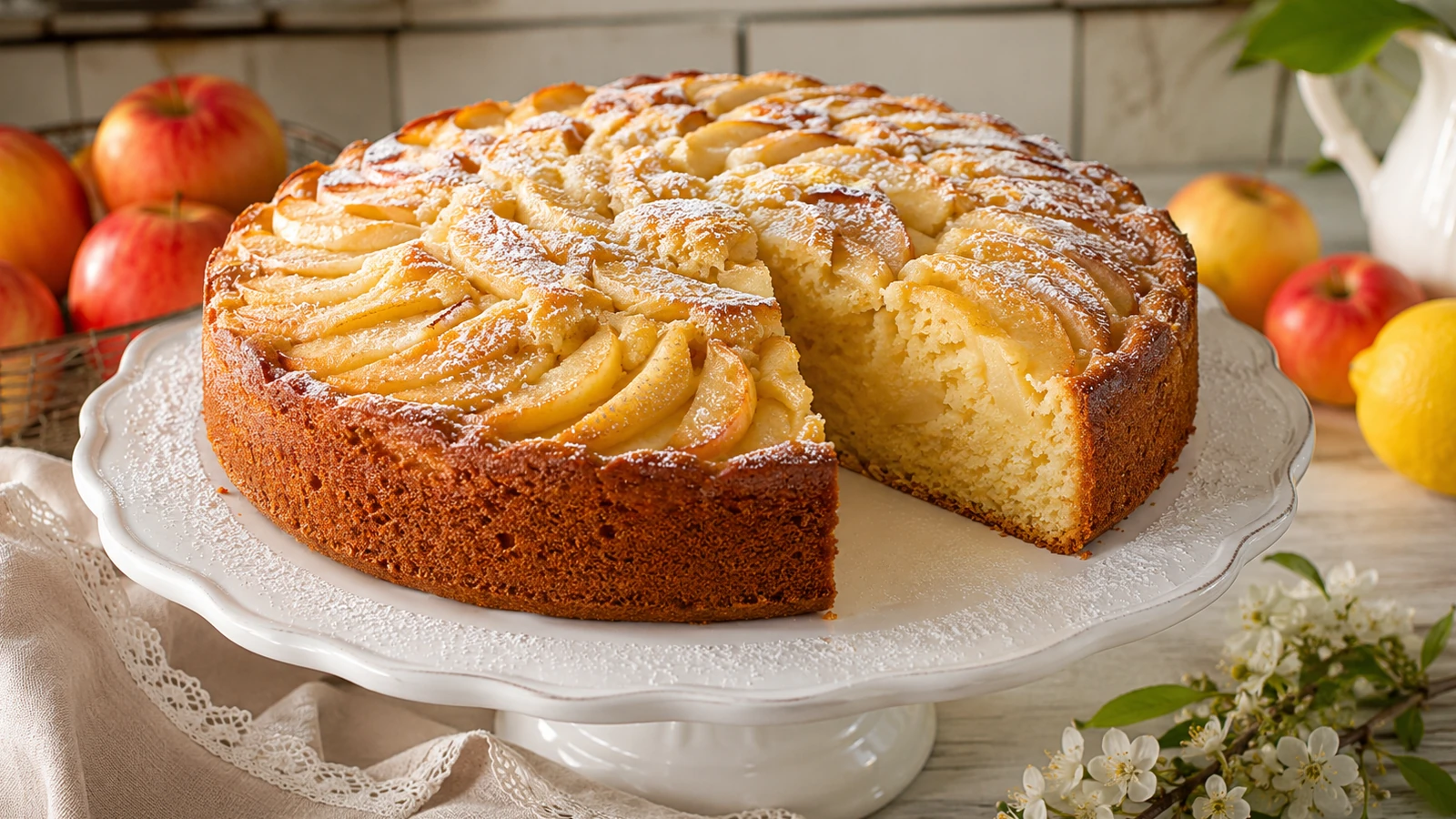 Torta di mele soffice della nonna con fettine di mela dorate e zucchero a velo