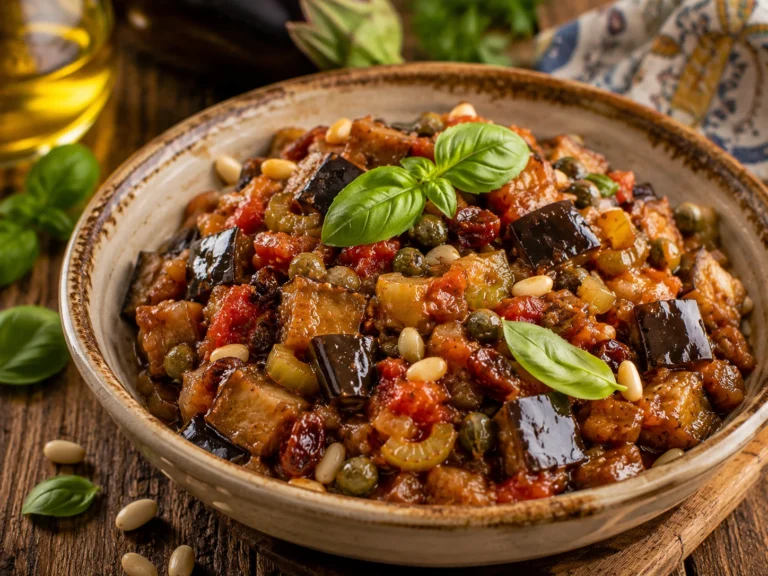 Caponata di Melanzane pronta da servire a temperatura ambiente con basilico fresco e filo di olio extravergine