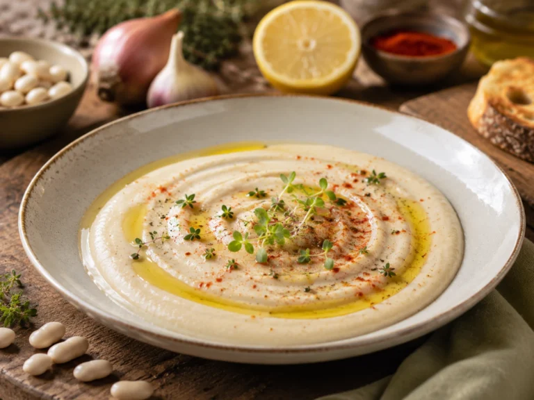 Crema di Cannellini Affumicata impiattata in stile gourmet con superficie vellutata, filo di olio extravergine d’oliva, paprika affumicata e germogli freschi