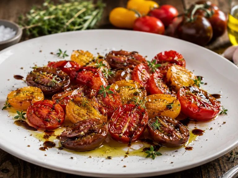 Pomodorini Confit Tricolore impiattati in stile gourmet su elegante piatto bianco