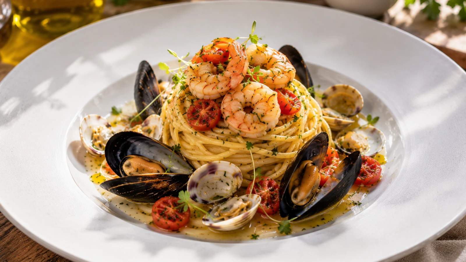 Spaghetti ai frutti di mare con gamberi cozze e vongole serviti su piatto elegante