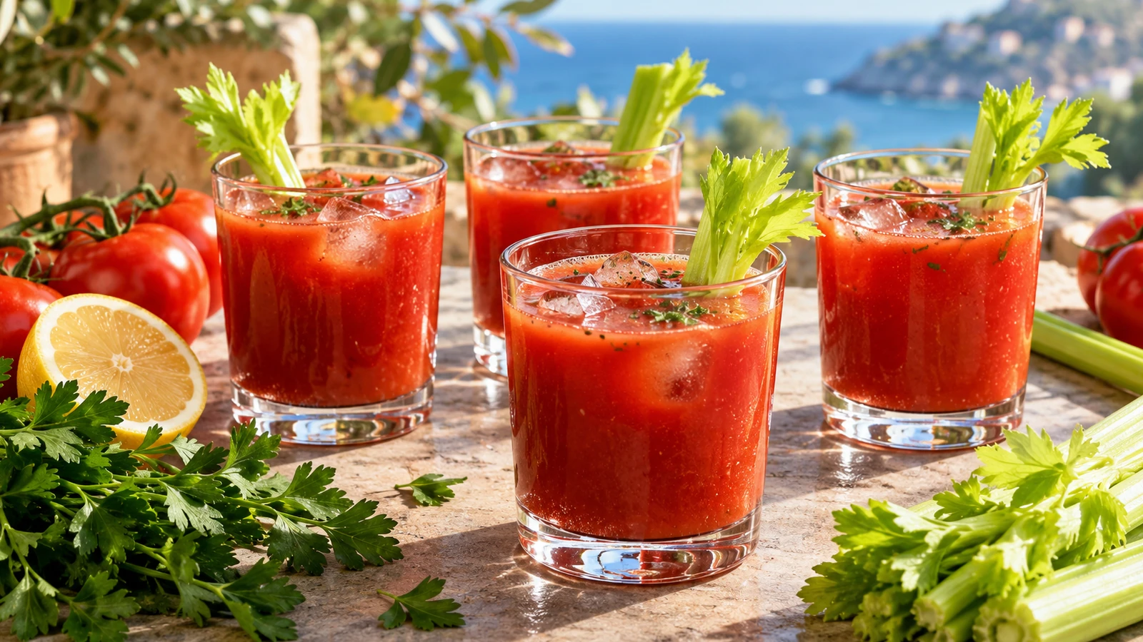 Aperitivo al pomodoro analcolico servito freddo con sedano fresco