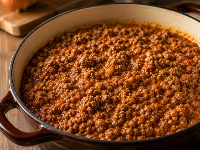 Ragù alla Bolognese tradizionale in una casseruola pesante, consistenza cremosa e concentrata, carne ben distinguibile, colore arancione scuro naturale, poco pomodoro, superficie lucida e avvolgente
