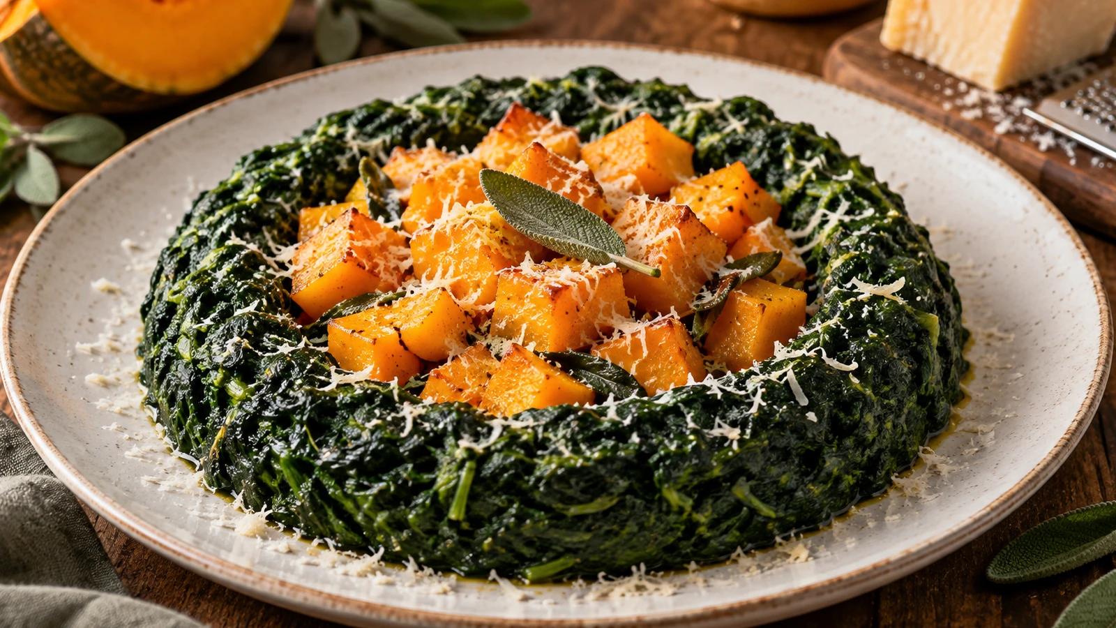 Anello di spinaci con zucca al burro e salvia, contorno autunnale vegetariano