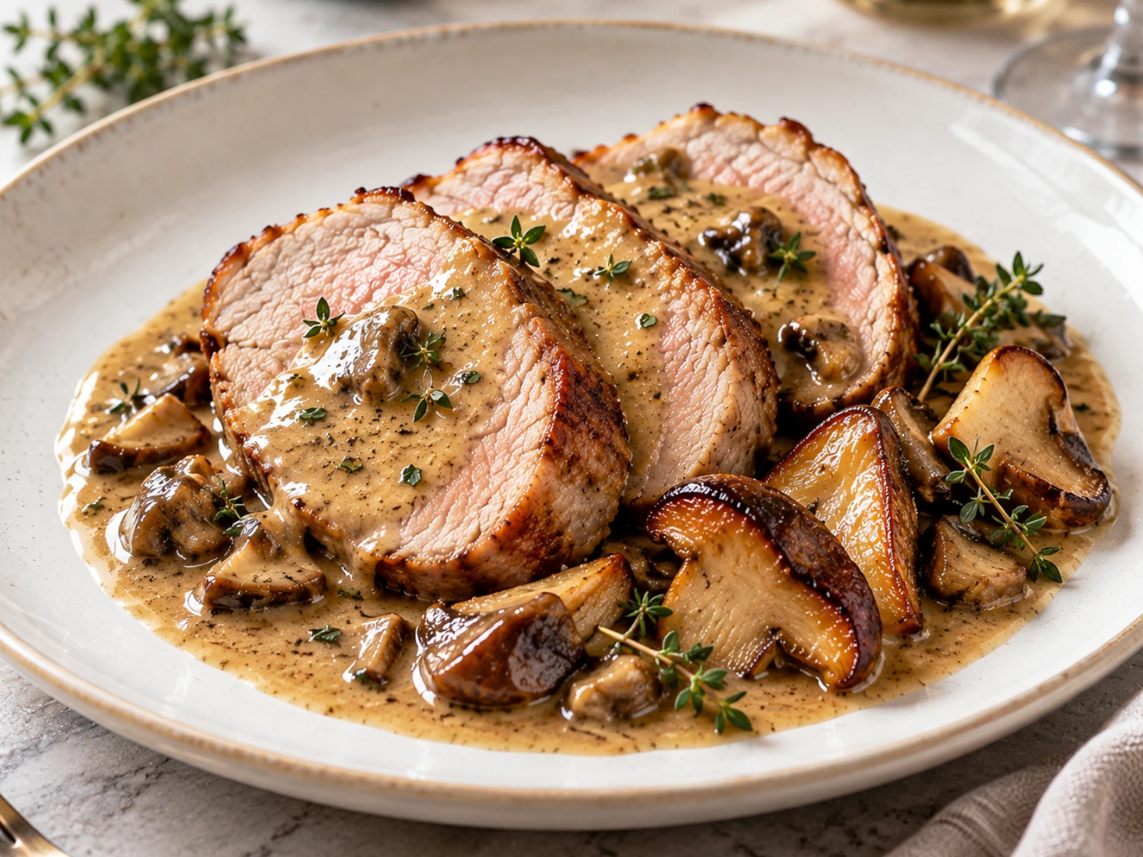 Arrosto di vitello ai porcini con fette di carne succosa, salsa cremosa e funghi dorati