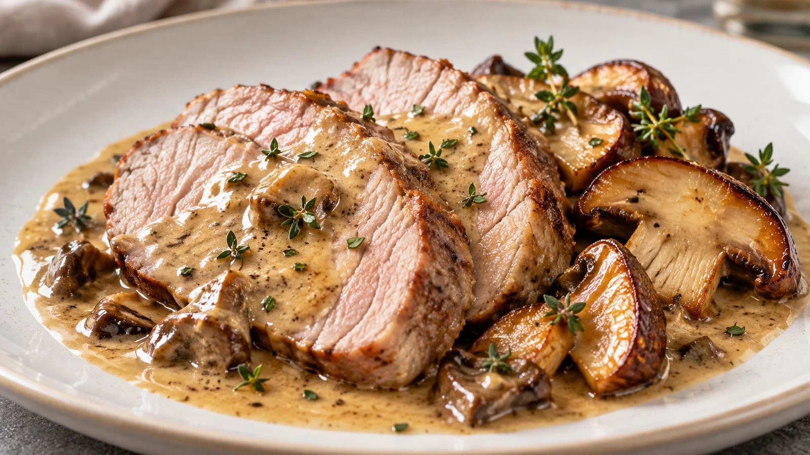Arrosto di vitello ai funghi porcini affettato con salsa cremosa al fondo di cottura