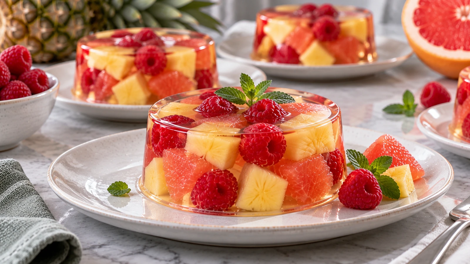 Aspic dolce ai lamponi con ananas e pompelmo rosa in monoporzioni