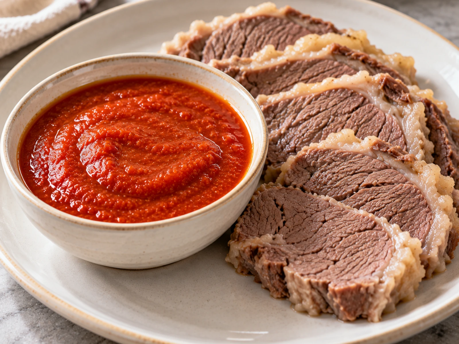 Bagnetto Rosso Piemontese in ciotola accompagnato da fettine di bollito.