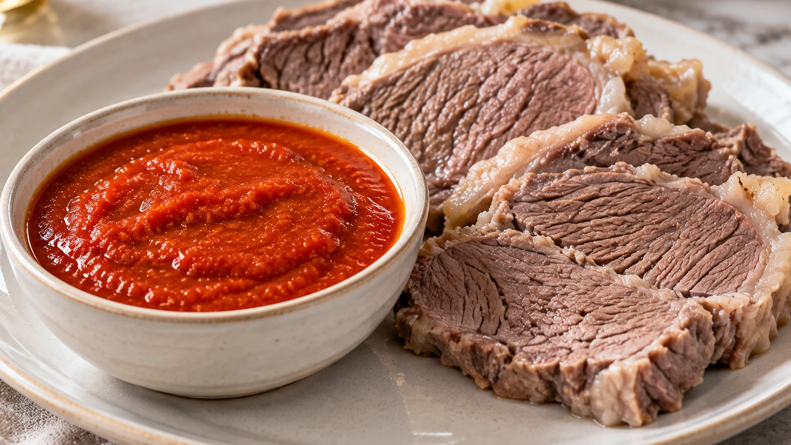 Bagnetto Rosso Piemontese Bagnèt Ross servito in una ciotola come salsa per il bollito
