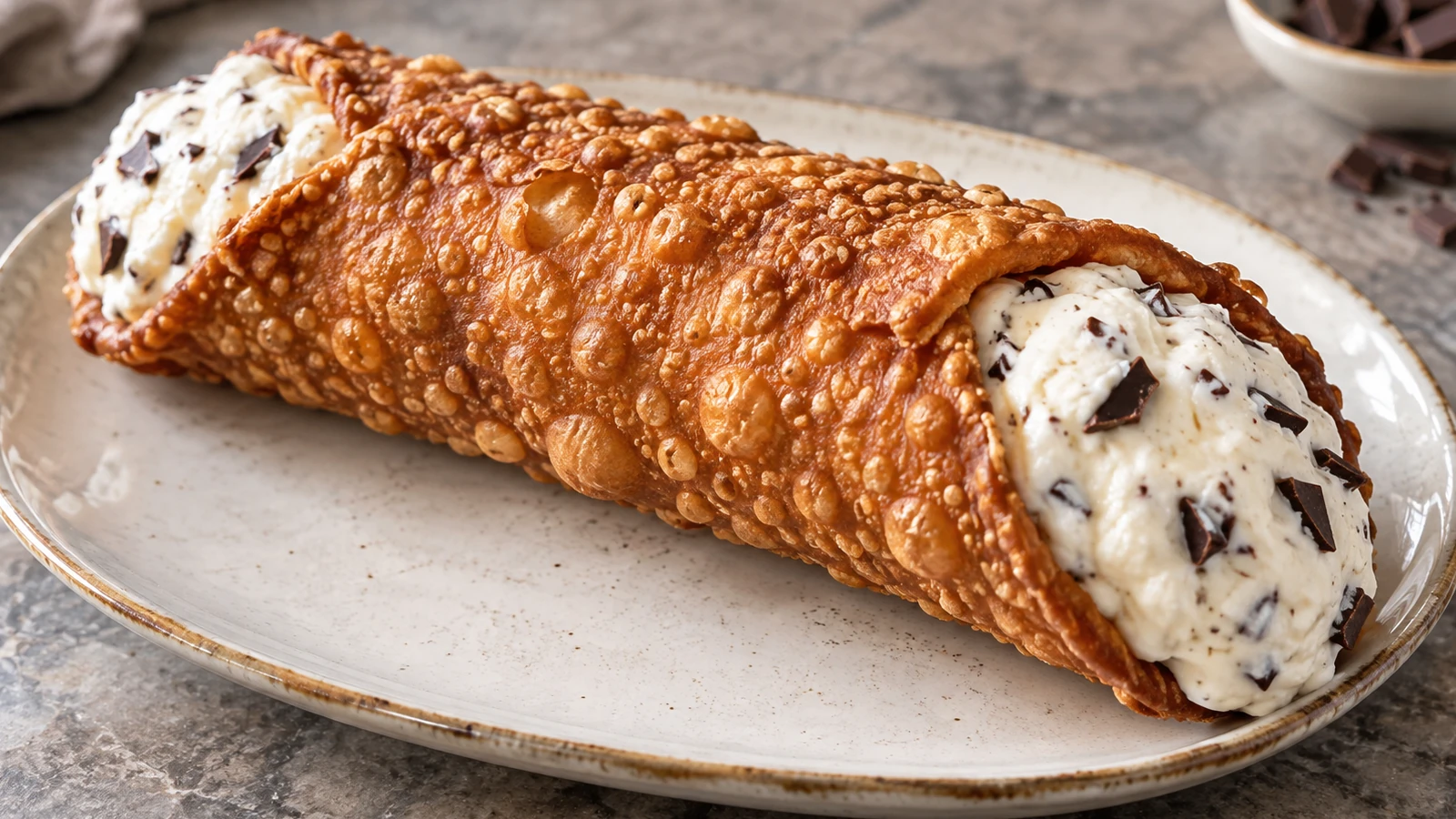 Cannolo di Piana degli Albanesi fatto in casa con ricotta di pecora, miele e cioccolato fondente