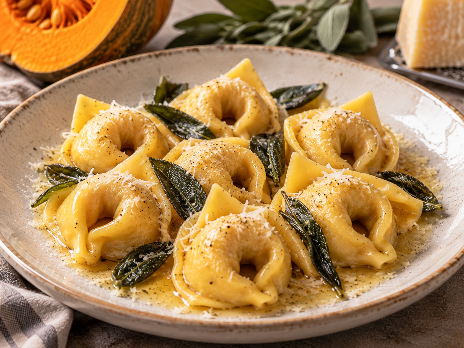 Cappellacci di zucca ferraresi serviti con burro e salvia