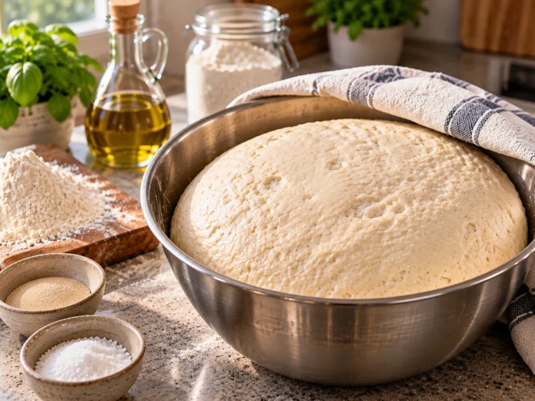 Impasto pizza fatta in casa di Mena lievitato e pronto per essere steso nella teglia