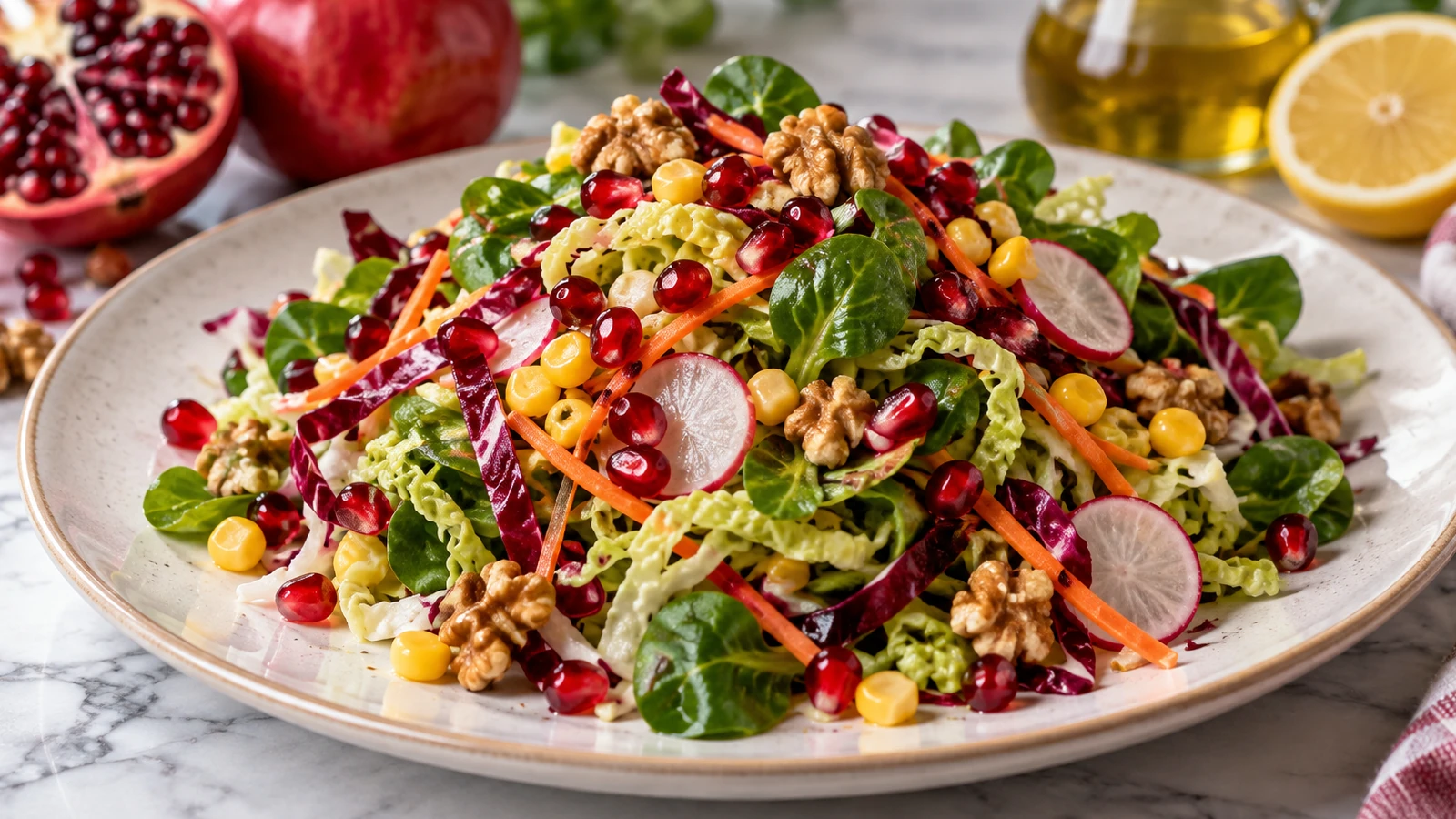 Insalata alla Melagrana con noci, radicchio, soncino, verza, carote e ravanelli