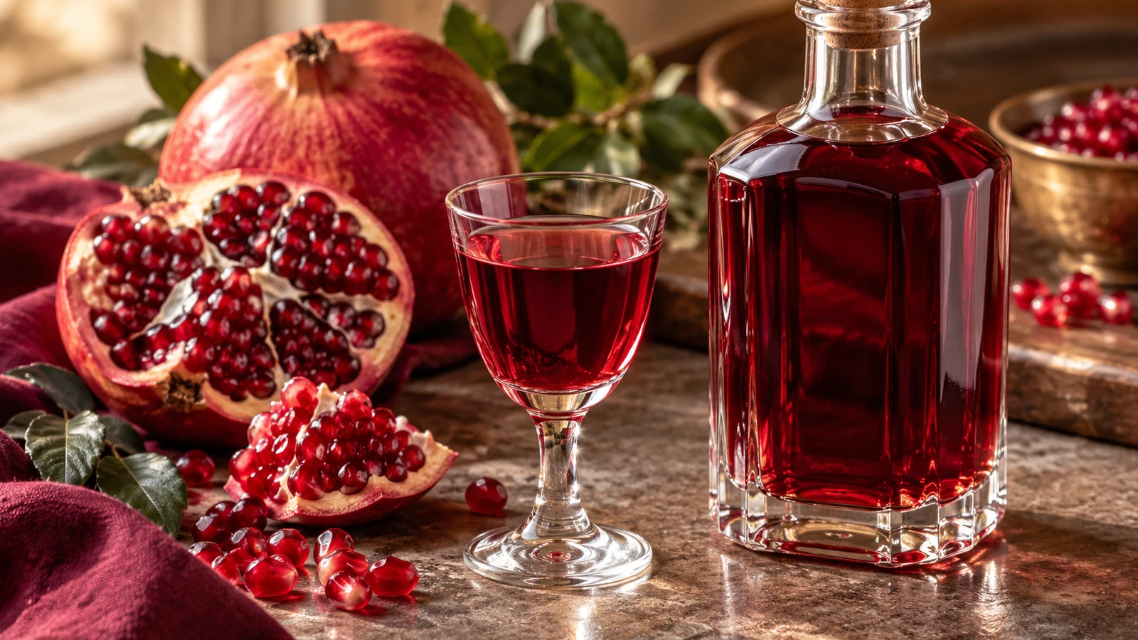 Liquore alla melagrana fatto in casa servito in un elegante bicchierino con melagrana fresca