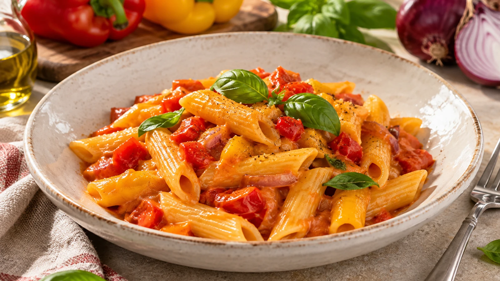 Pasta con crema di peperoni e cipolla di Tropea servita con basilico fresco