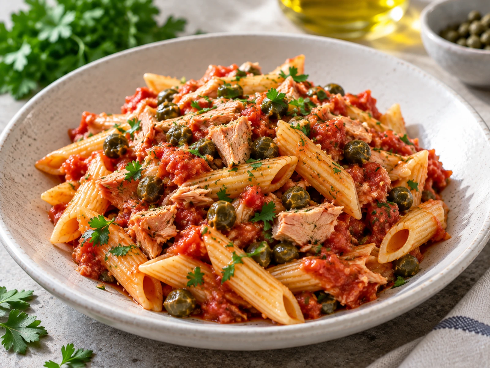 Pennette con sugo di pomodoro, tonno e capperi