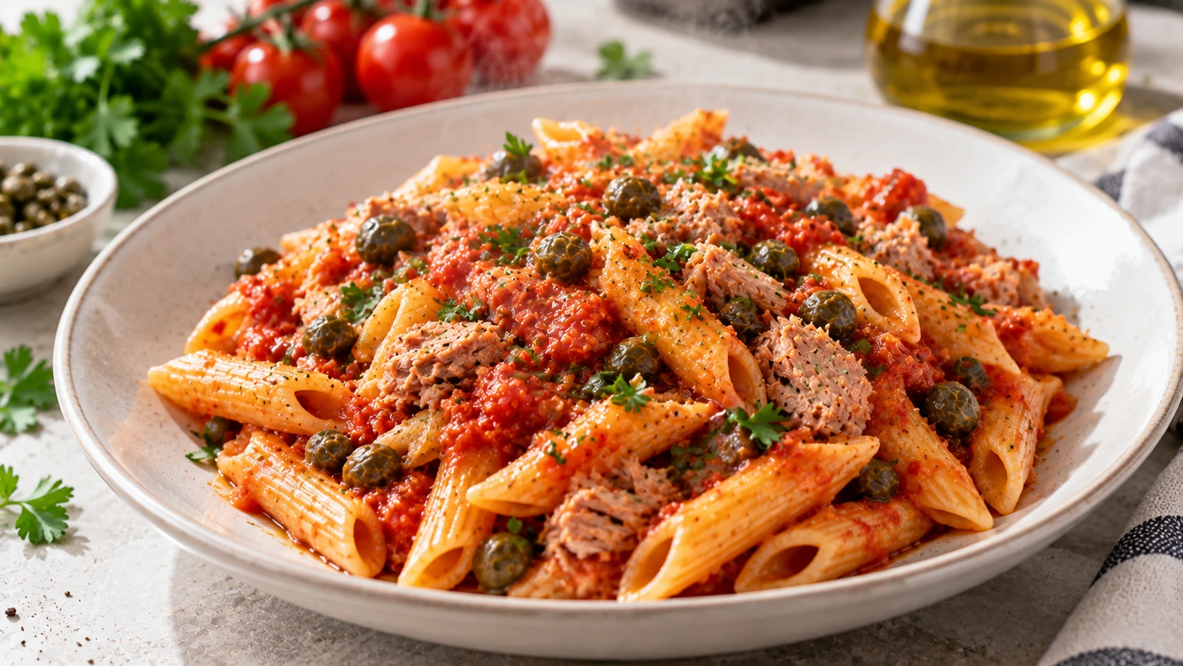 Step 7 - Pasta pomodoro e tonno con capperi