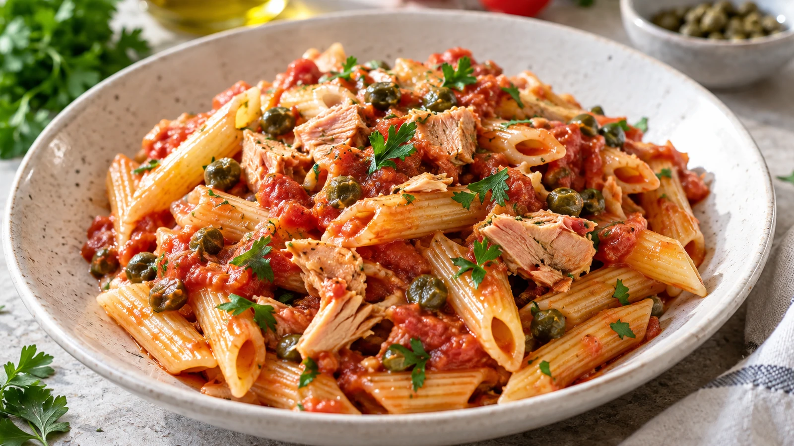 Pasta pomodoro e tonno con capperi e prezzemolo fresco