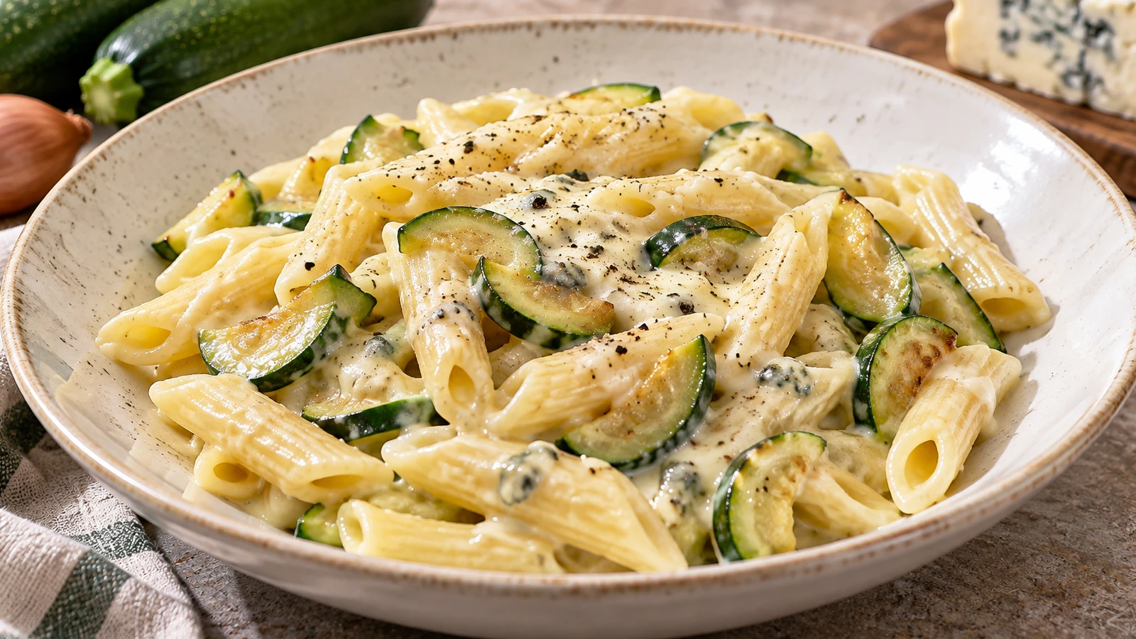 Pasta con zucchine e gorgonzola cremosa servita in una fondina
