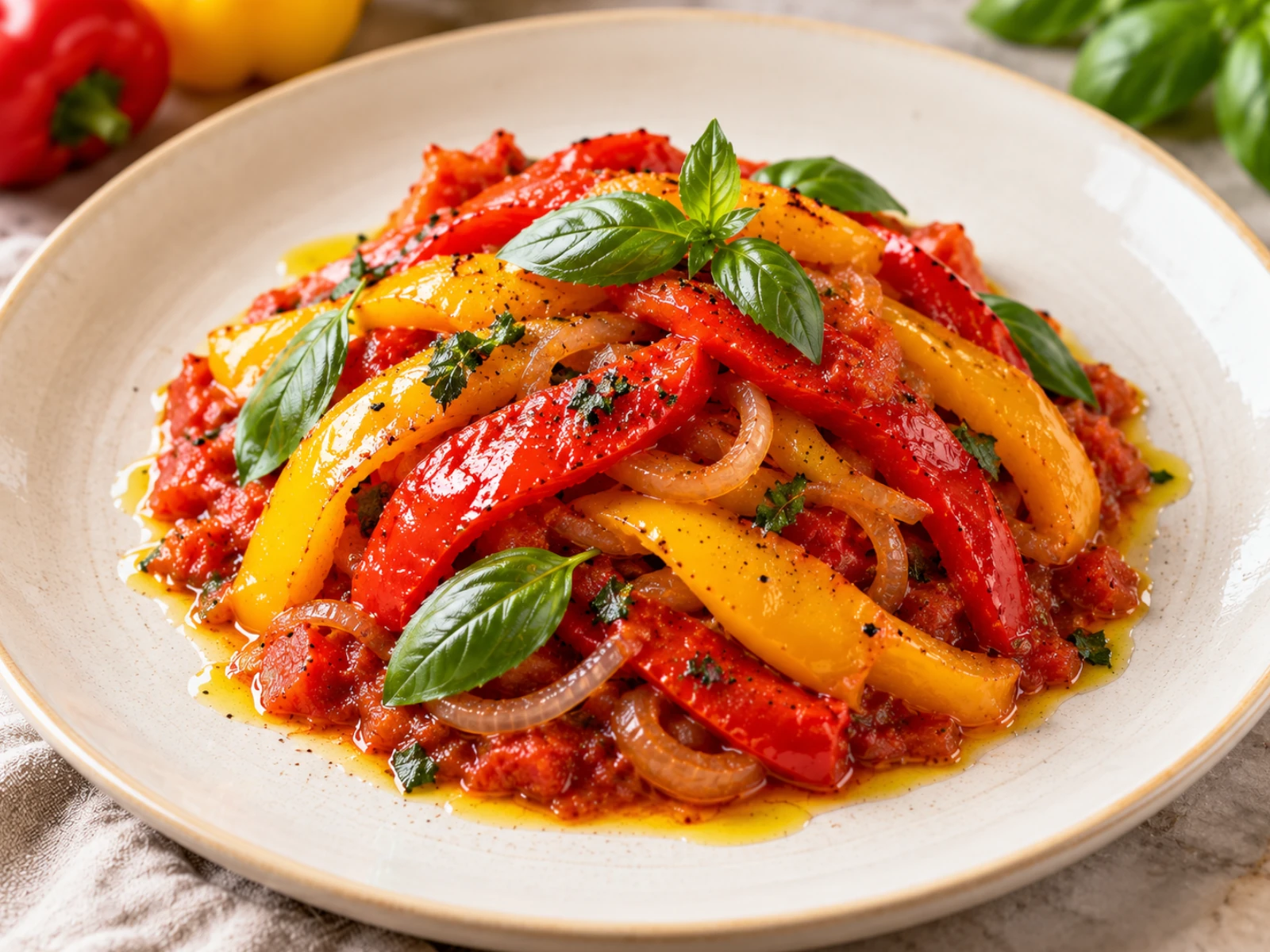 Peperonata Mediterranea in Rosso e Oro servita con falde di peperoni rossi e gialli e basilico fresco