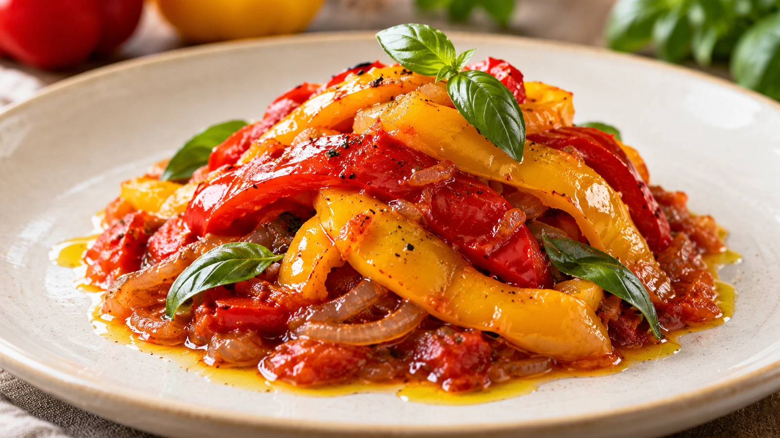 Peperonata Mediterranea in Rosso e Oro con falde di peperoni rossi e gialli, pomodoro e basilico