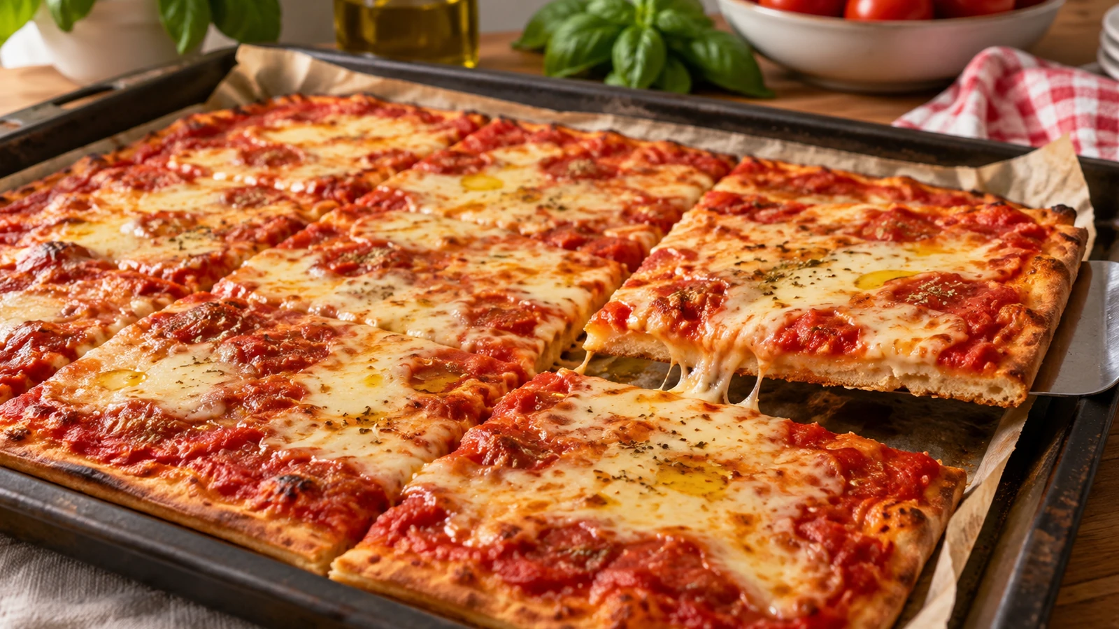 Pizza Margherita fatta in casa in teglia con passata di pomodoro e mozzarella fiordilatte