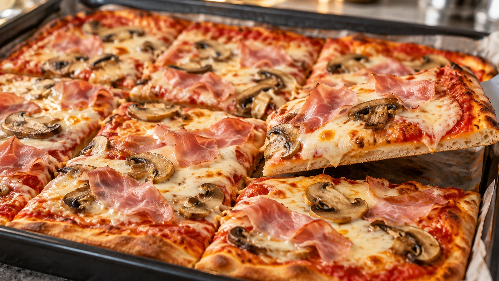 Pizza Prosciutto e Funghi fatta in casa in teglia con mozzarella fiordilatte, champignon e prosciutto cotto