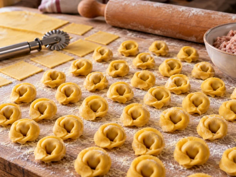 Tortellini di Modena freschi e crudi appena preparati a mano, numerosi piccoli tortellini regolari disposti sulla spianatoia infarinata