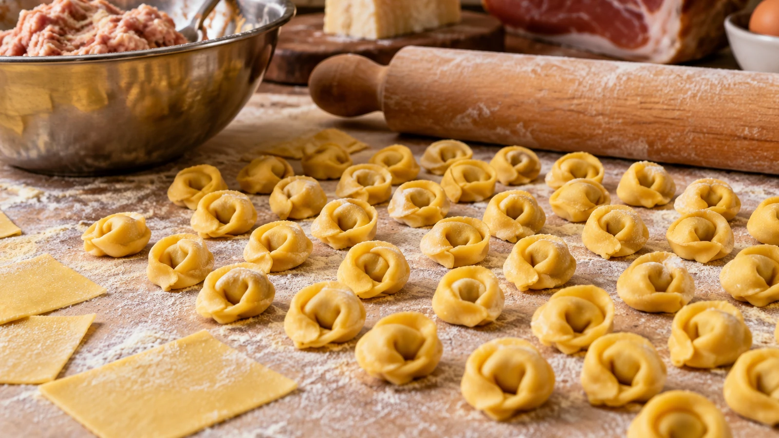 Tortellini di Modena fatti in casa appena formati disposti sulla spianatoia