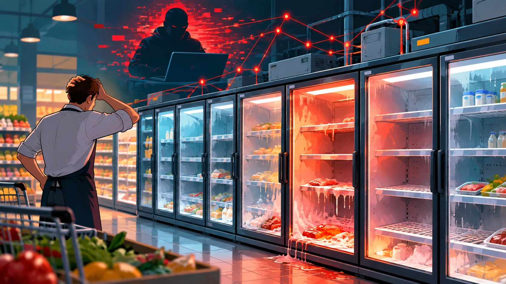Attacco hacker ai supermercati francesi con sistemi informatici che compromettono i frigoriferi e mettono a rischio gli alimenti.