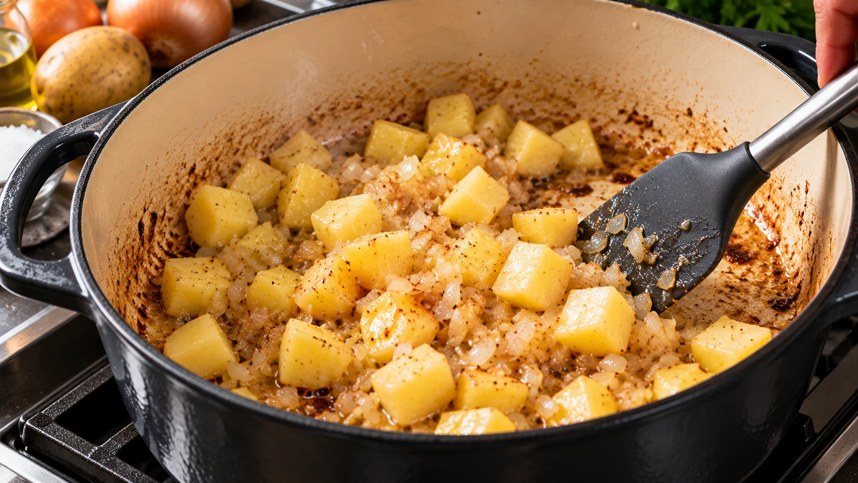 Cipolla tritata e patate a dadini rosolate nel fondo di cottura del manzo in una casseruola.