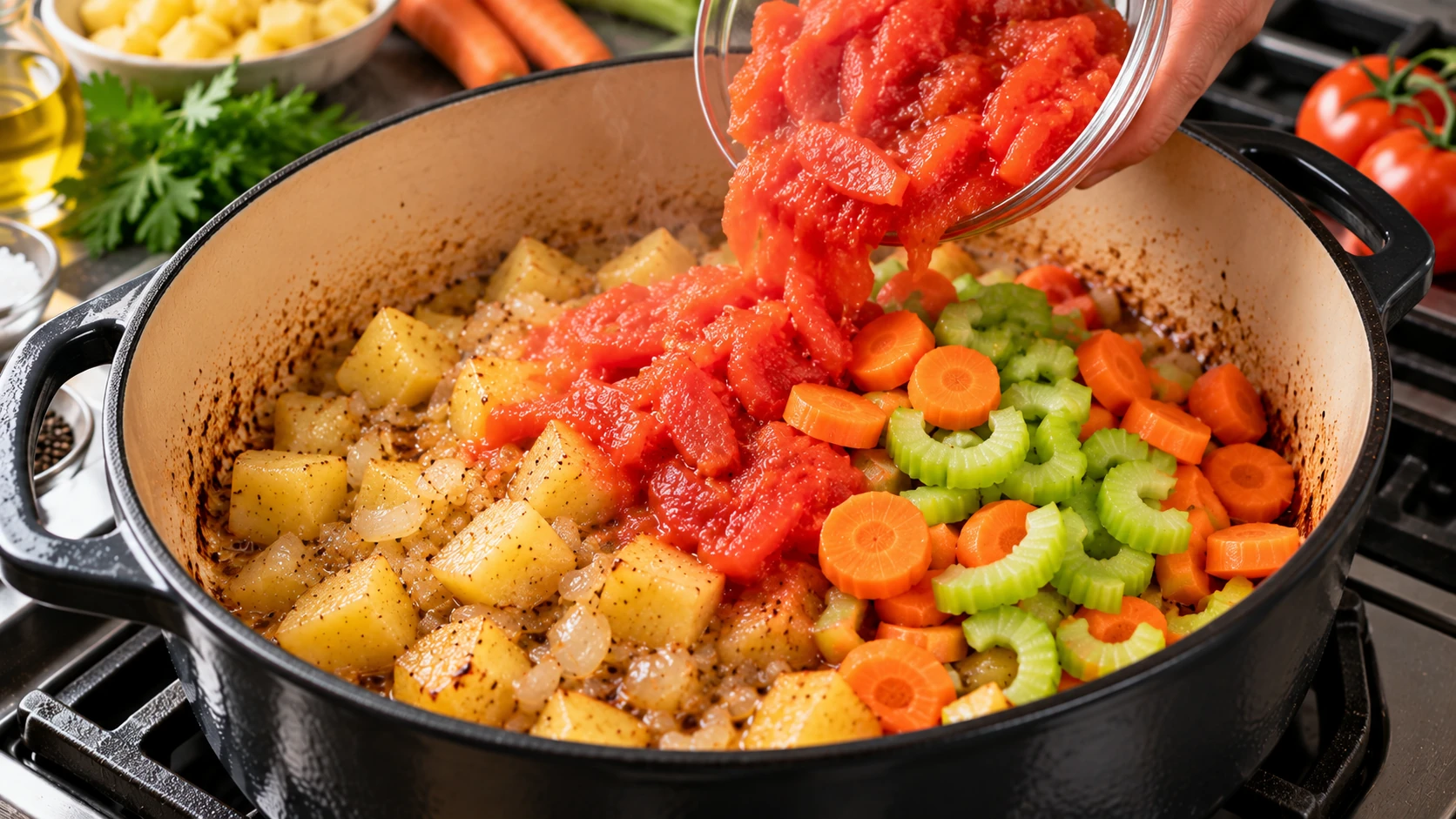 Pomodori pelati, carote e sedano aggiunti alle patate e alla cipolla durante la preparazione del brasato.
