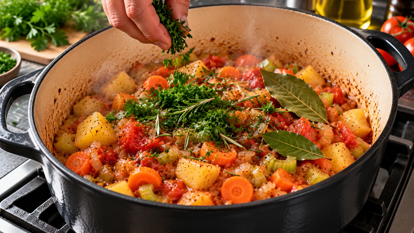 Prezzemolo, rosmarino e alloro aggiunti alle verdure in casseruola per aromatizzare il brasato.