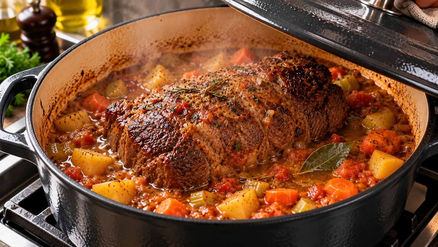 Brasato di manzo in lenta cottura con verdure e fondo aromatico in casseruola coperta.