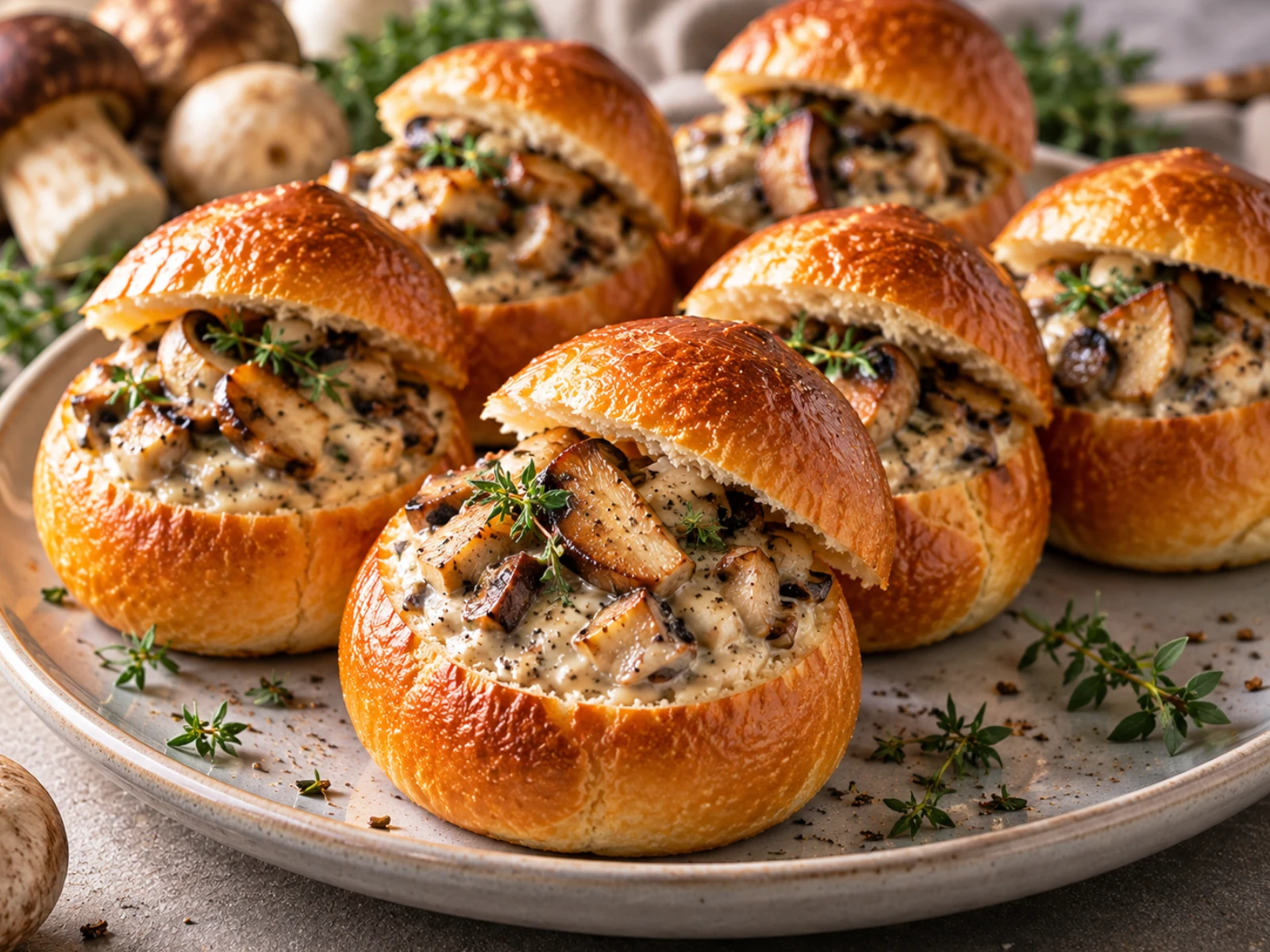 Mini brioches salate dorate farcite con crema al Parmigiano, champignon e porcini rosolati