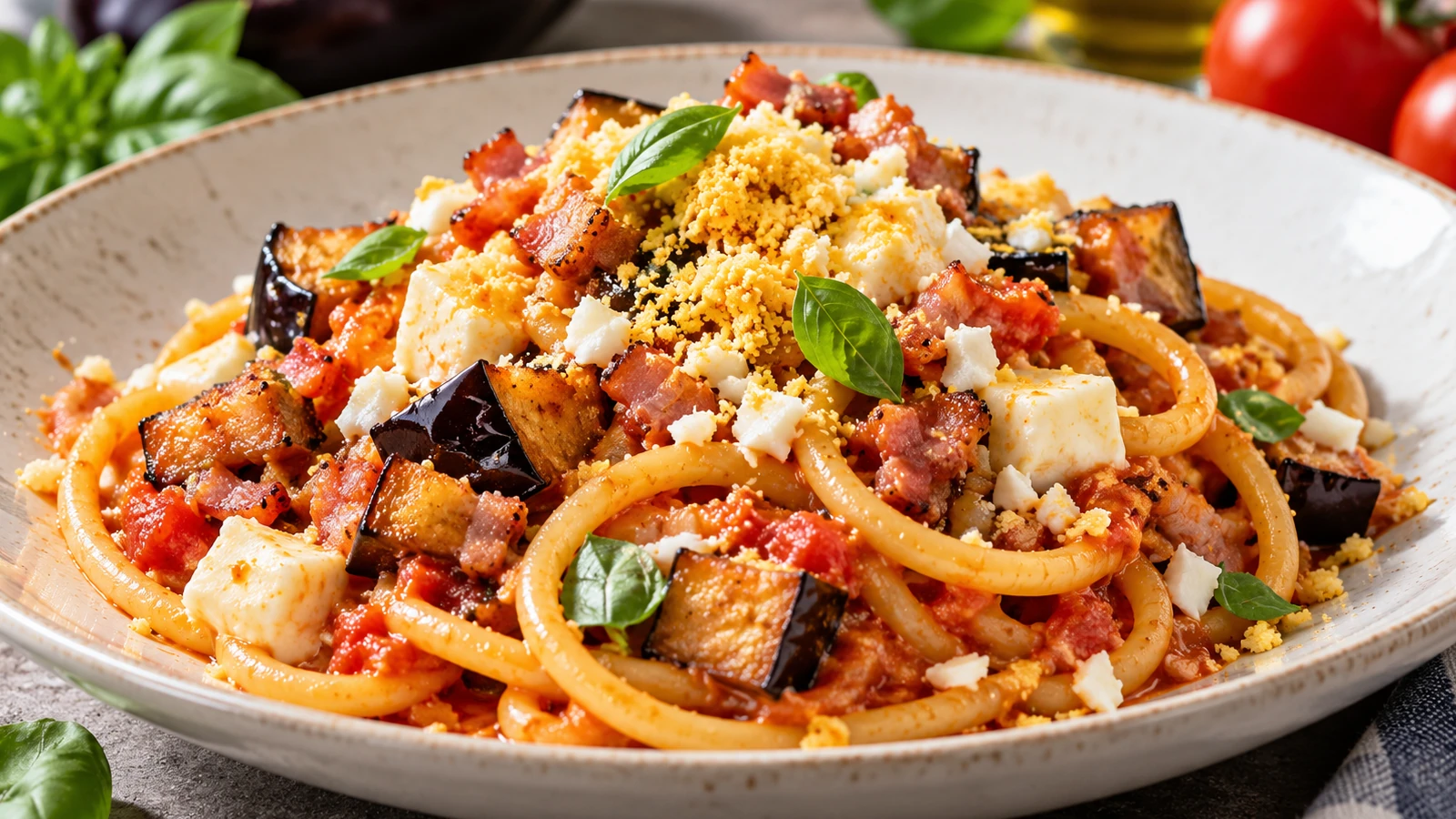 Bucatini con melanzane croccanti, pancetta, mozzarella e uovo sodo