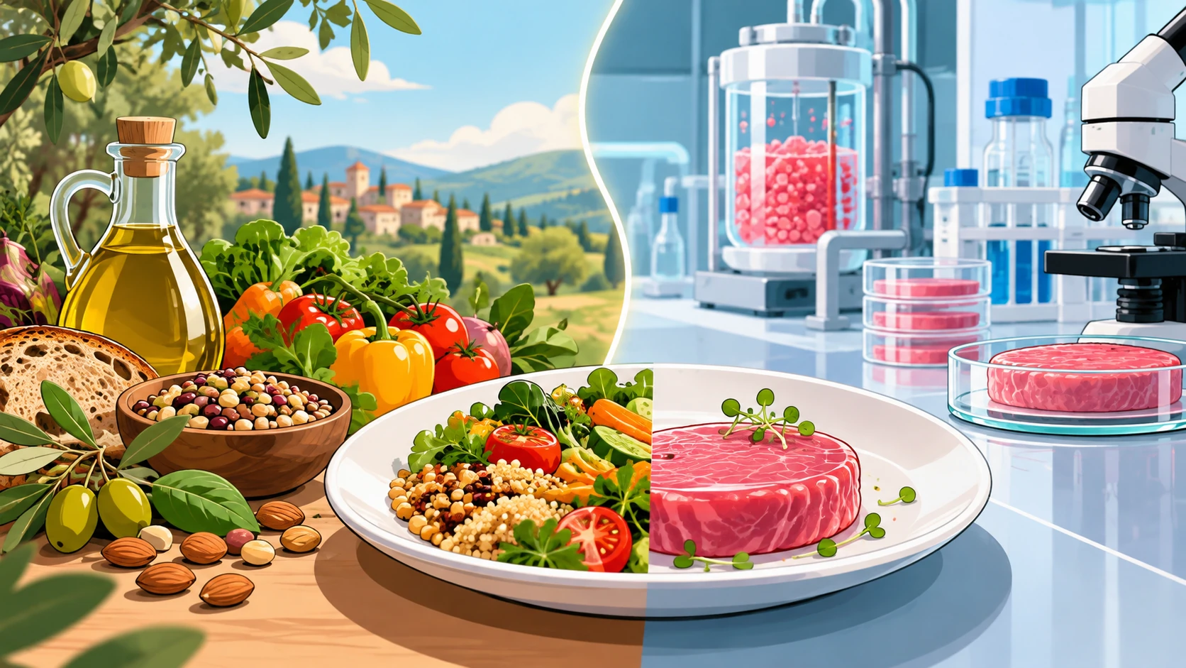 Illustrazione del confronto tra cibo naturale e alimenti prodotti in laboratorio, con verdure mediterranee e tecnologie alimentari.