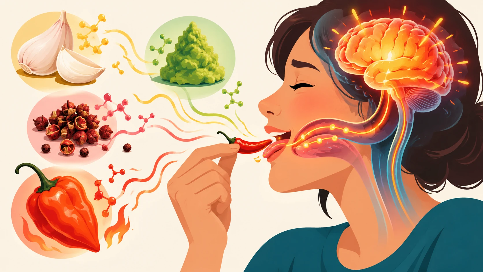 Illustrazione del cervello che reagisce al peperoncino, aglio, wasabi e pepe di Sichuan attraverso stimoli nervosi.