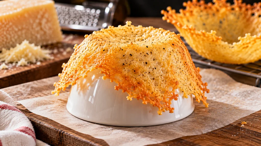 Cialda di Parmigiano modellata su una ciotola capovolta per ottenere una forma concava