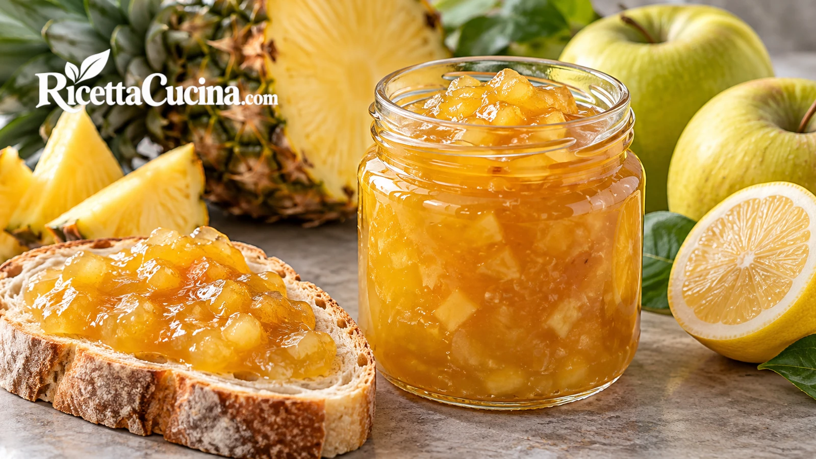 Confettura Dorata di Ananas e Mele Renette fatta in casa servita in un vasetto di vetro