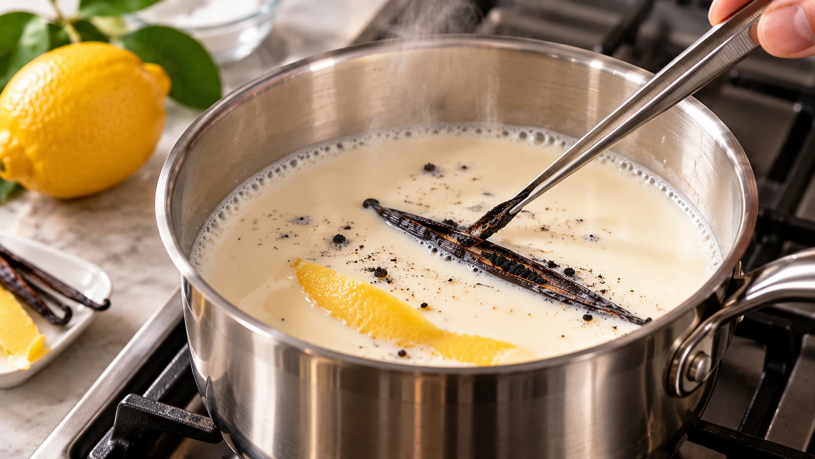 Latte intero caldo aromatizzato con baccello di vaniglia e scorza di limone in una casseruola di acciaio
