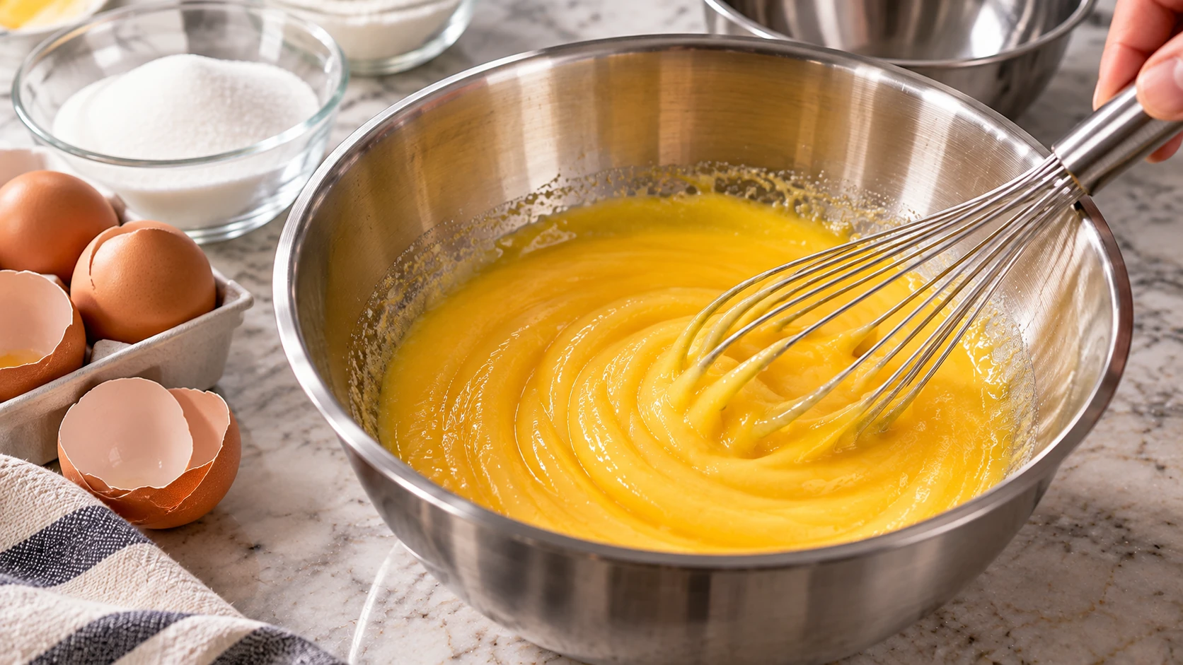 Tuorli d’uovo e zucchero semolato mescolati con una frusta in una ciotola di acciaio inox