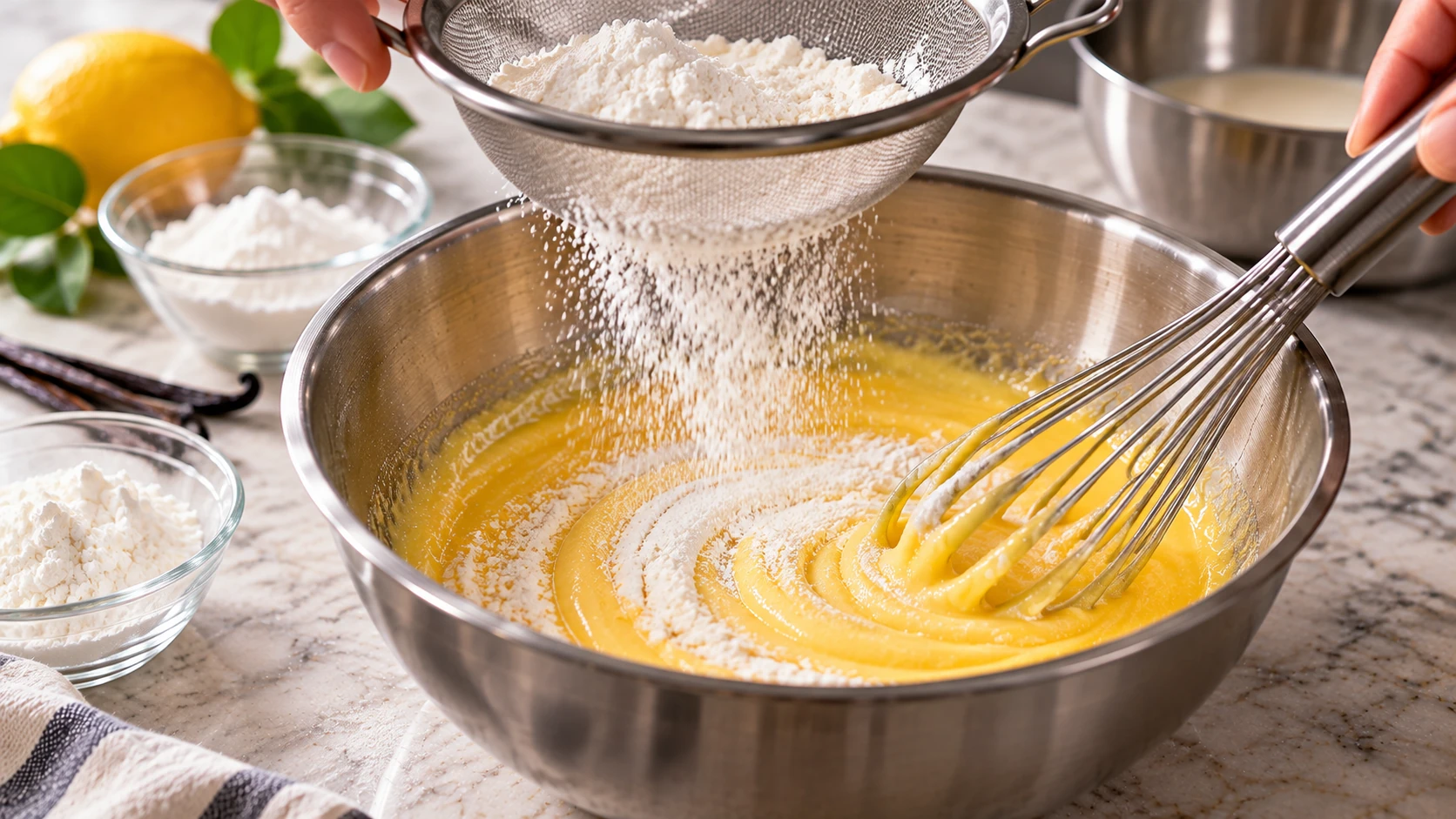 Amido di mais e amido di riso setacciati nel composto di tuorli e zucchero per preparare la crema pasticcera