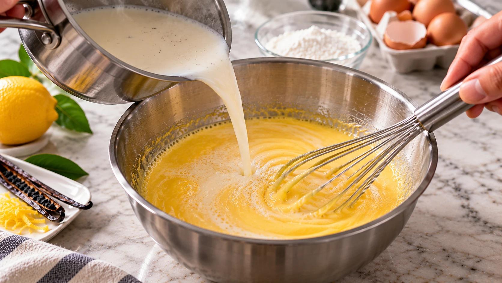 Latte caldo versato gradualmente nel composto di tuorli, zucchero e amidi mentre viene mescolato con una frusta