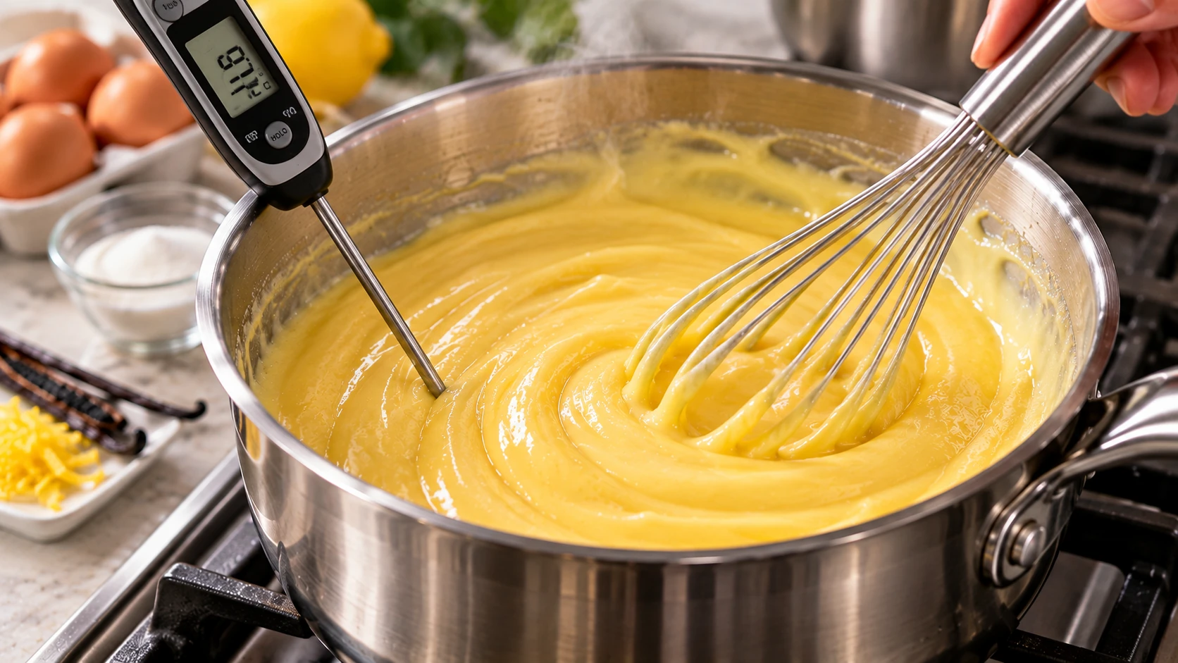 Crema pasticcera in cottura nella casseruola, mescolata con una frusta e controllata con un termometro digitale