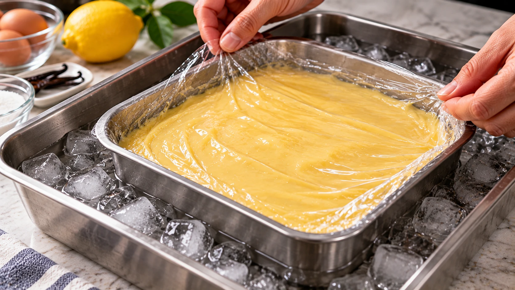Crema pasticcera appena cotta coperta con pellicola a contatto e raffreddata in un bagno di acqua e ghiaccio