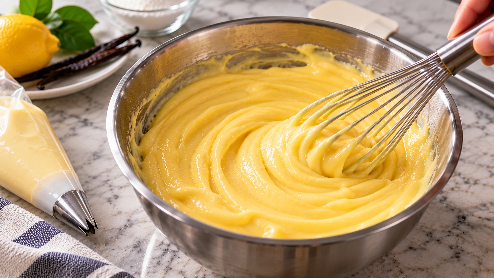 Crema pasticcera fredda lavorata con una frusta in acciaio per ottenere una consistenza liscia e vellutata
